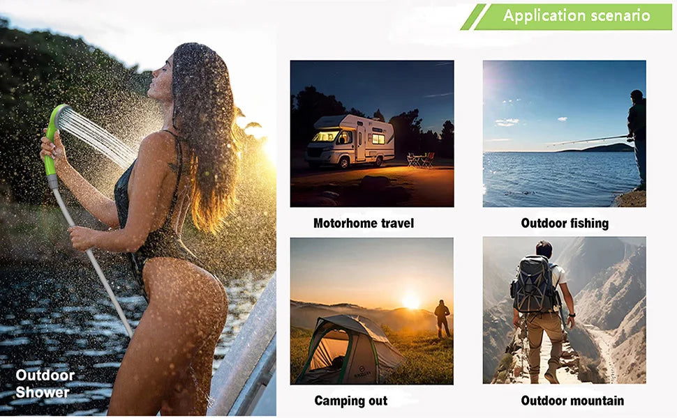 Camping Shower Pump，Outdoor Shower,  with LED lamp,IPX8 Waterproof ,Suitable for Camping,Hiking,Car trips