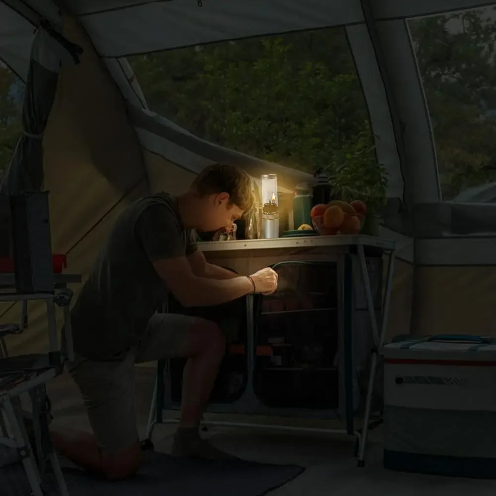 Outdoor Windproof Camping Gas Lamp Portable Camp Atmosphere Lamp Adjustable Candlelight Tent Glass Lantern Camping Supplies