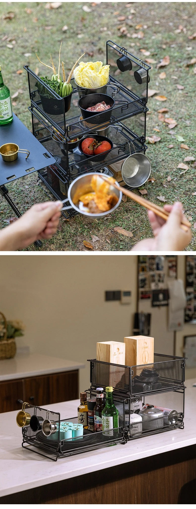 CAMPINGMOON CK-23BK Camping Foldable Stachable Hiking Picnic Outdoor Foldable Storage Food Rack Container Wire Mesh Basket