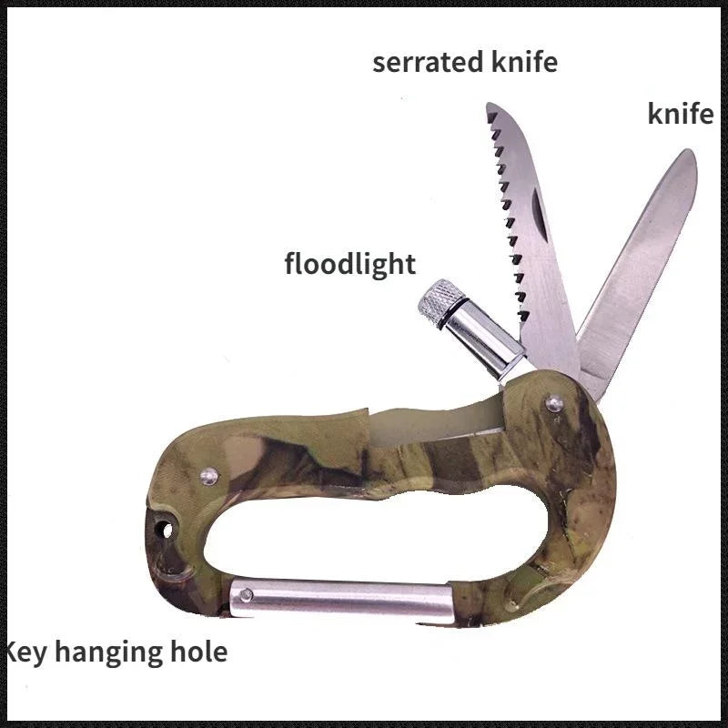 5 IN 1 Outdoor Edc Multi Tool Tactical Camo Camping Climbing Carabiner Parachuting Hook Knife Led Light Camping Equipment
