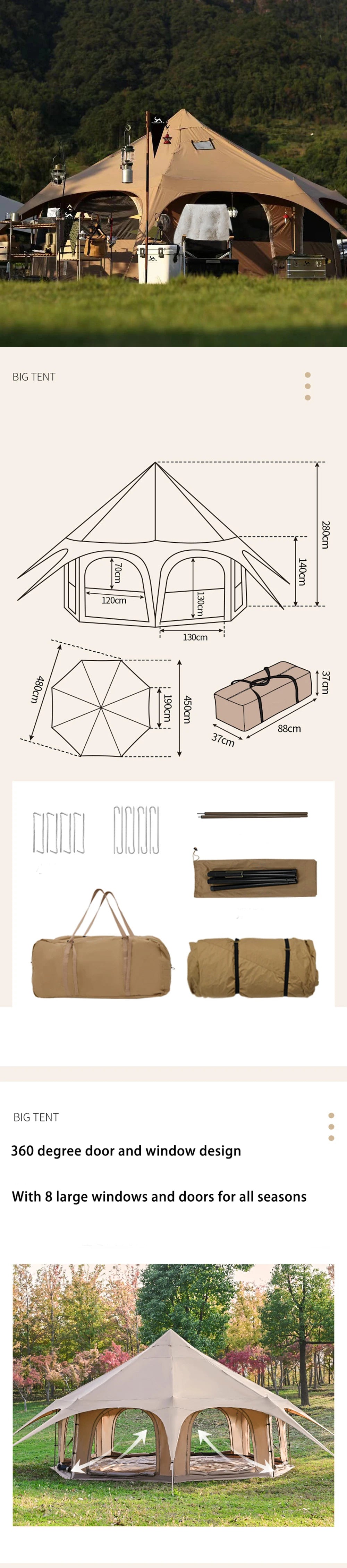 Outdoor Circus Tent Camping Cotton Canvas Rainproof Large Yurt Tent Camping Park Tent 4 Season Outdoor Camping Tent Family Tent