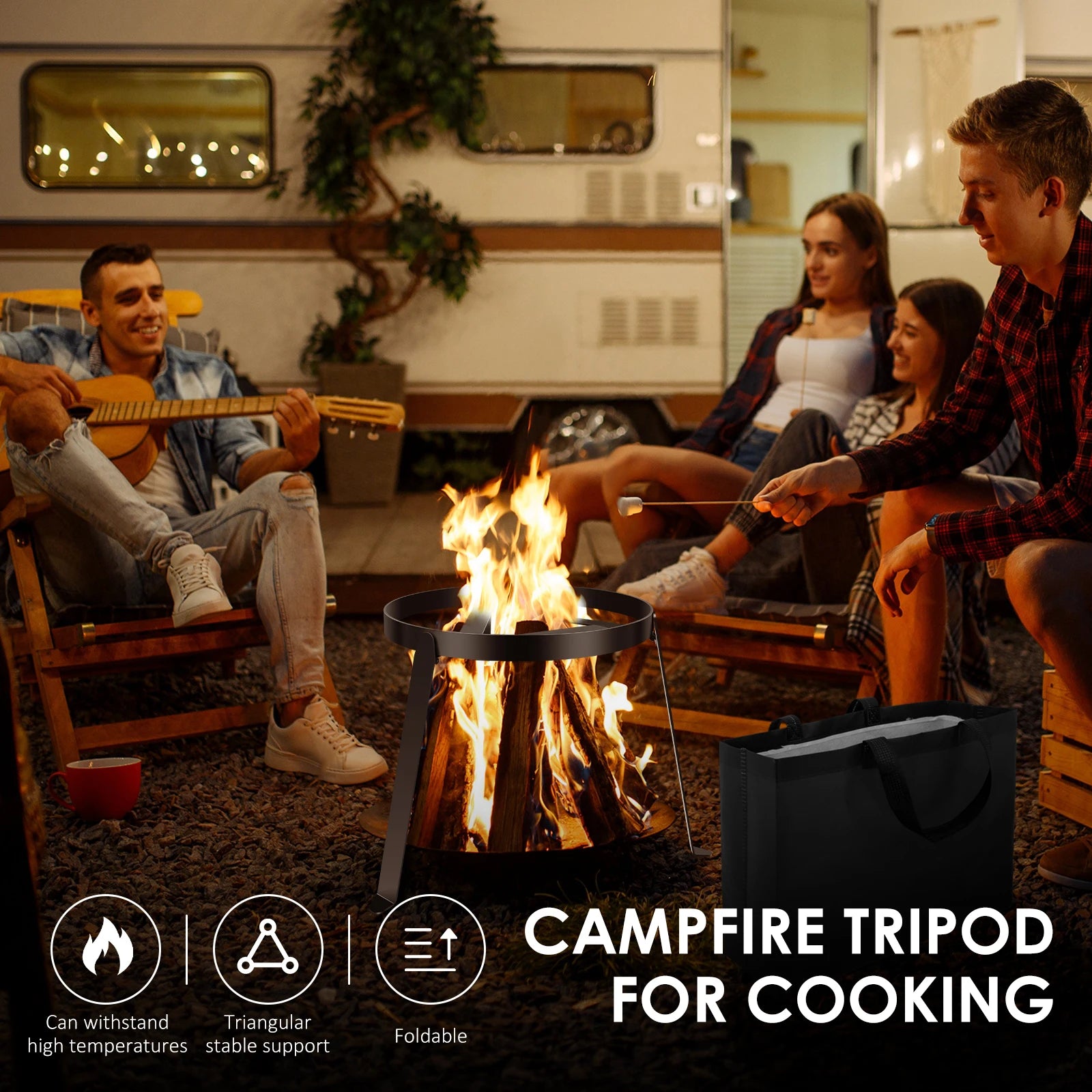 Campfire Tripod for Cooking , Outdoor Fire Pit Stand, Portable Cast Iron Open Camping Tripod Cookware Camping Cooking Equipment