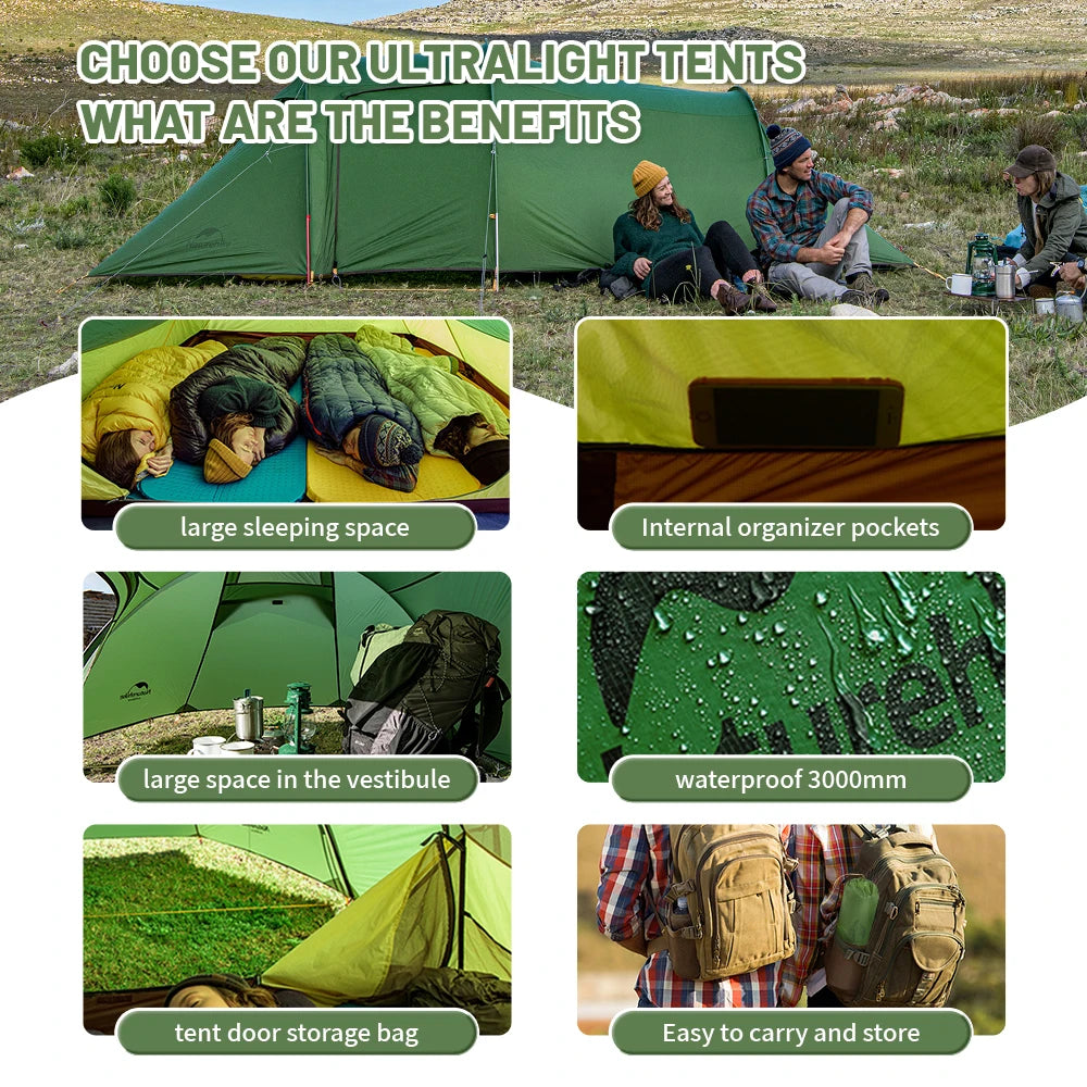 Naturehike Camping 3 Person Tent Waterproof Outdoor Ultralight Tents Glamping Backpacking 4 Season 2 Person Tent Hike Beach Tent