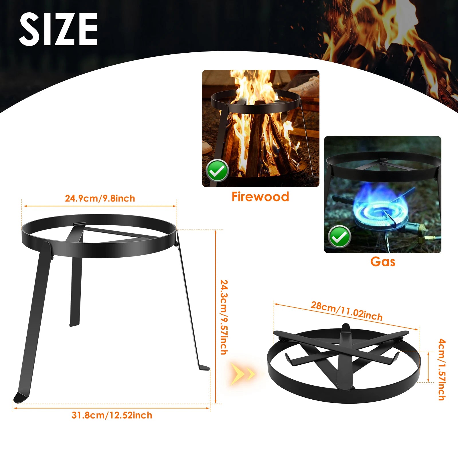 Campfire Tripod for Cooking , Outdoor Fire Pit Stand, Portable Cast Iron Open Camping Tripod Cookware Camping Cooking Equipment