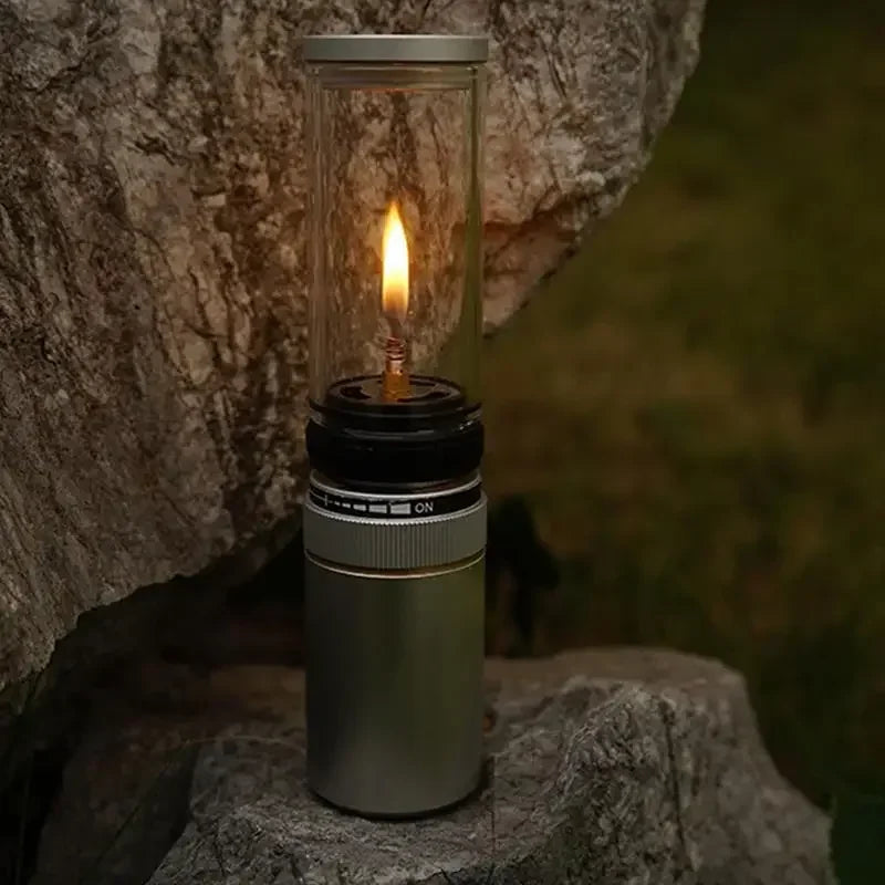 Outdoor Windproof Camping Gas Lamp Portable Camp Atmosphere Lamp Adjustable Candlelight Tent Glass Lantern Camping Supplies