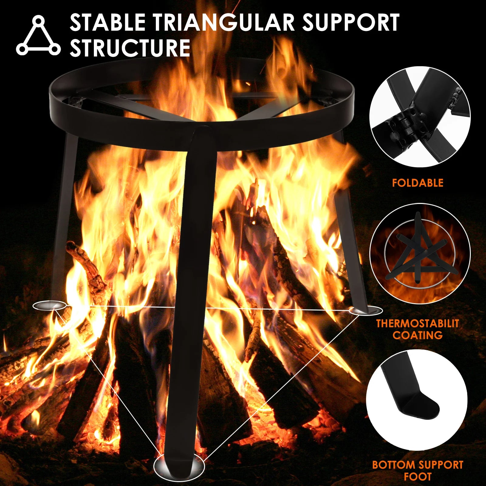 Campfire Tripod for Cooking , Outdoor Fire Pit Stand, Portable Cast Iron Open Camping Tripod Cookware Camping Cooking Equipment