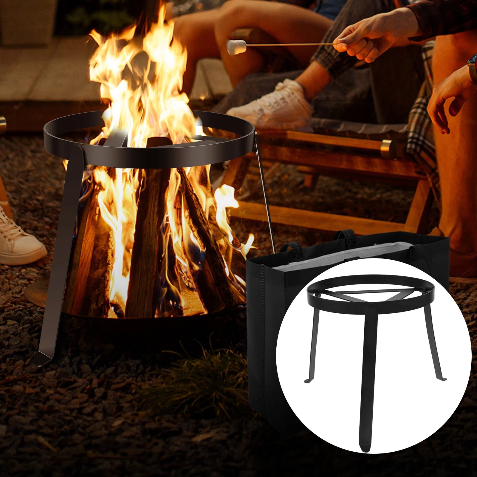 Campfire Tripod for Cooking , Outdoor Fire Pit Stand, Portable Cast Iron Open Camping Tripod Cookware Camping Cooking Equipment