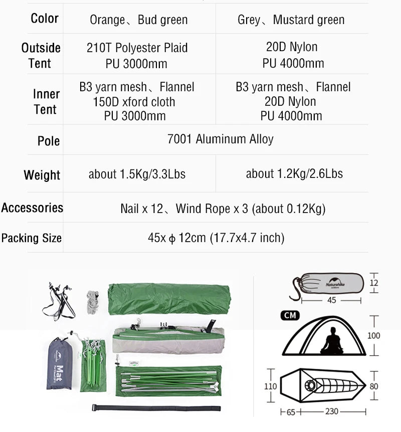 Naturehike Cloud Up Camping Tent Waterproof Easy Build Beach Tent Outdoor 1 Person Portable Large Space Hiking Backpacking Tents