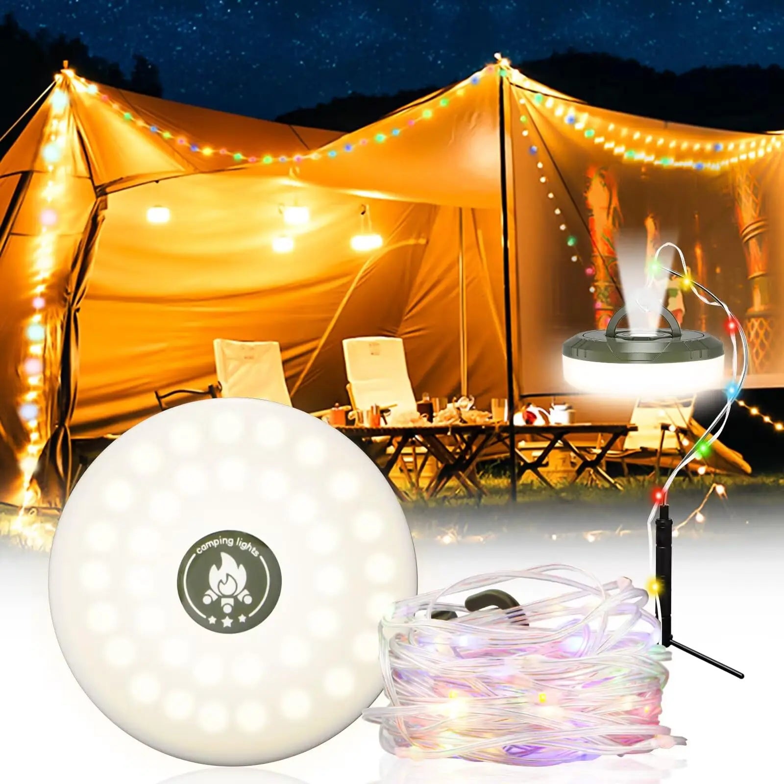 Camping String Lights 2 in1 Outdoor Waterproof Portable Stowable String Light with Lighting Modes USB Camping Lights for Hiking