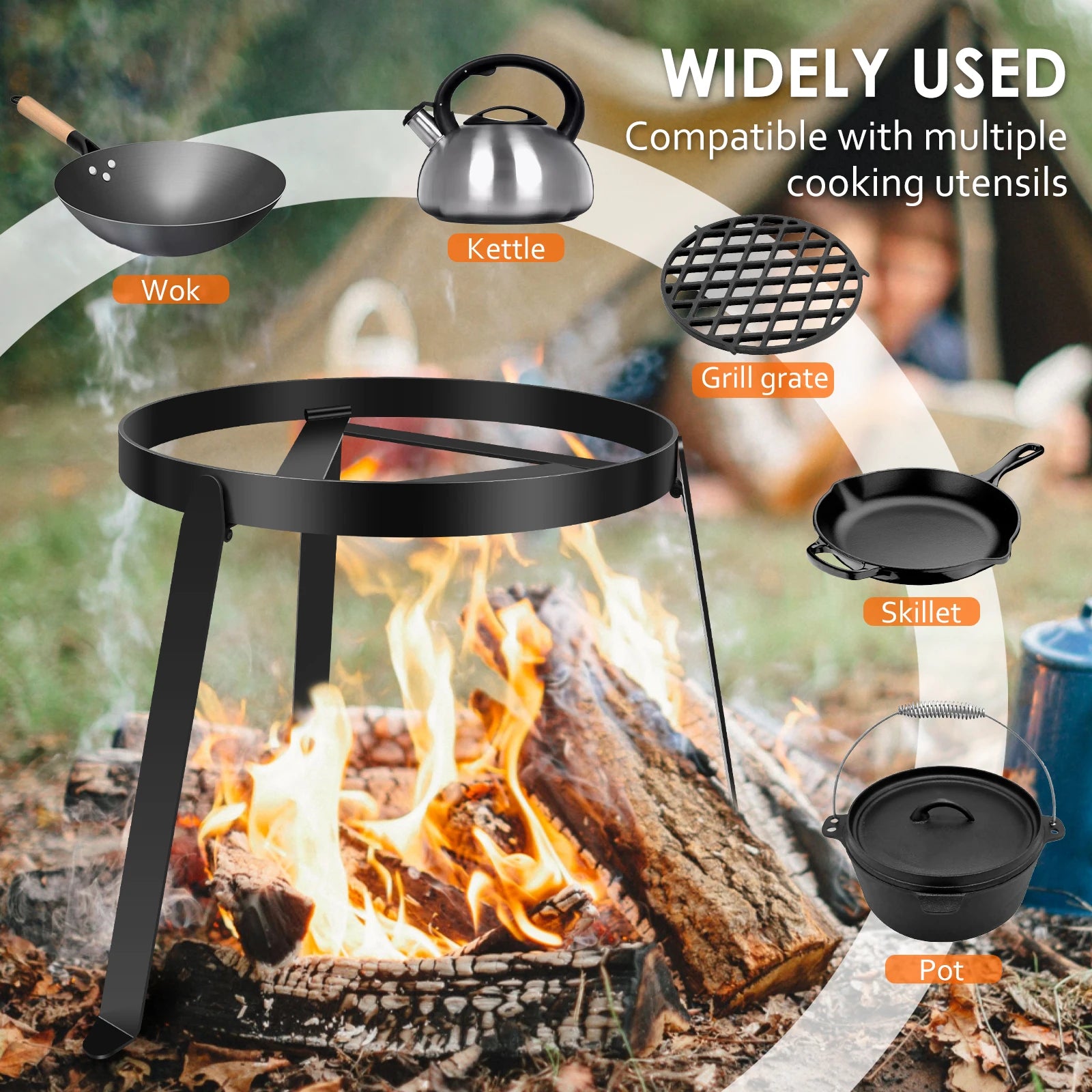 Campfire Tripod for Cooking , Outdoor Fire Pit Stand, Portable Cast Iron Open Camping Tripod Cookware Camping Cooking Equipment