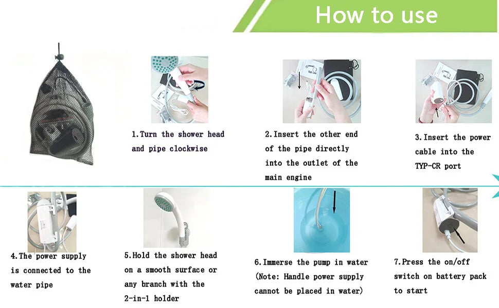 Camping Shower Pump，Outdoor Shower,  with LED lamp,IPX8 Waterproof ,Suitable for Camping,Hiking,Car trips