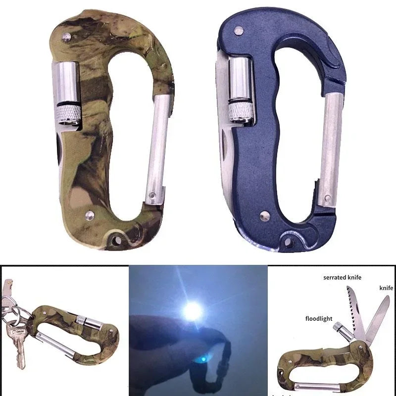 5 IN 1 Outdoor Edc Multi Tool Tactical Camo Camping Climbing Carabiner Parachuting Hook Knife Led Light Camping Equipment