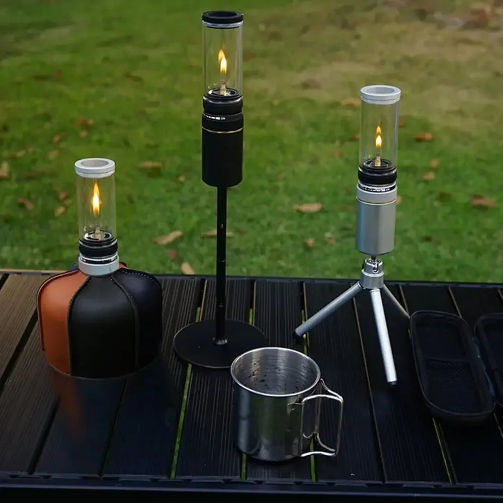 Outdoor Windproof Camping Gas Lamp Portable Camp Atmosphere Lamp Adjustable Candlelight Tent Glass Lantern Camping Supplies