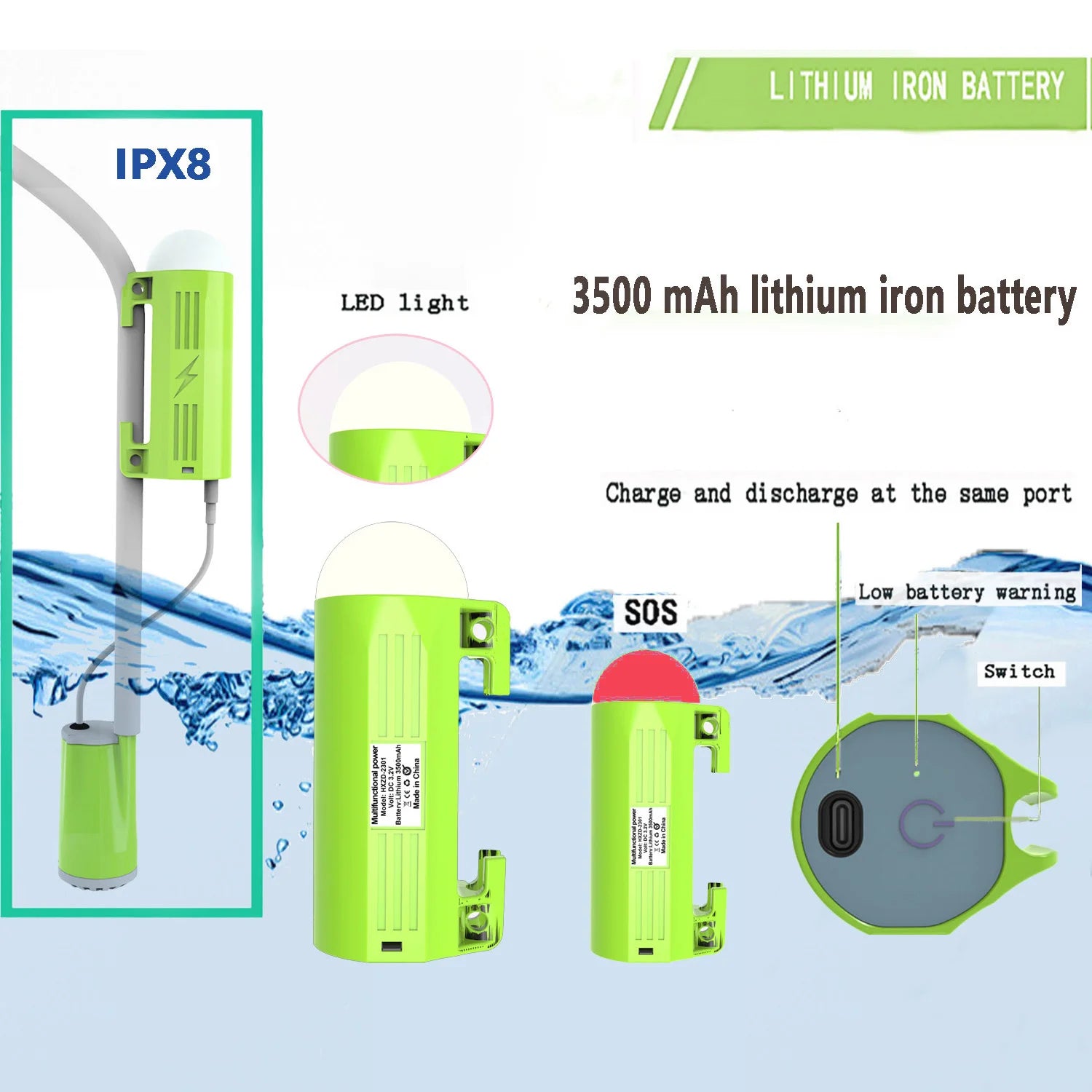 Camping Shower Pump，Outdoor Shower,  with LED lamp,IPX8 Waterproof ,Suitable for Camping,Hiking,Car trips